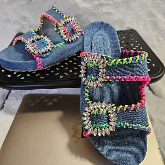 Mystique Luxury Denim Slides Sandals Crystal Buckle Size 8.5 (Fit 8-8.5) NWOB - Picture 5 of 13